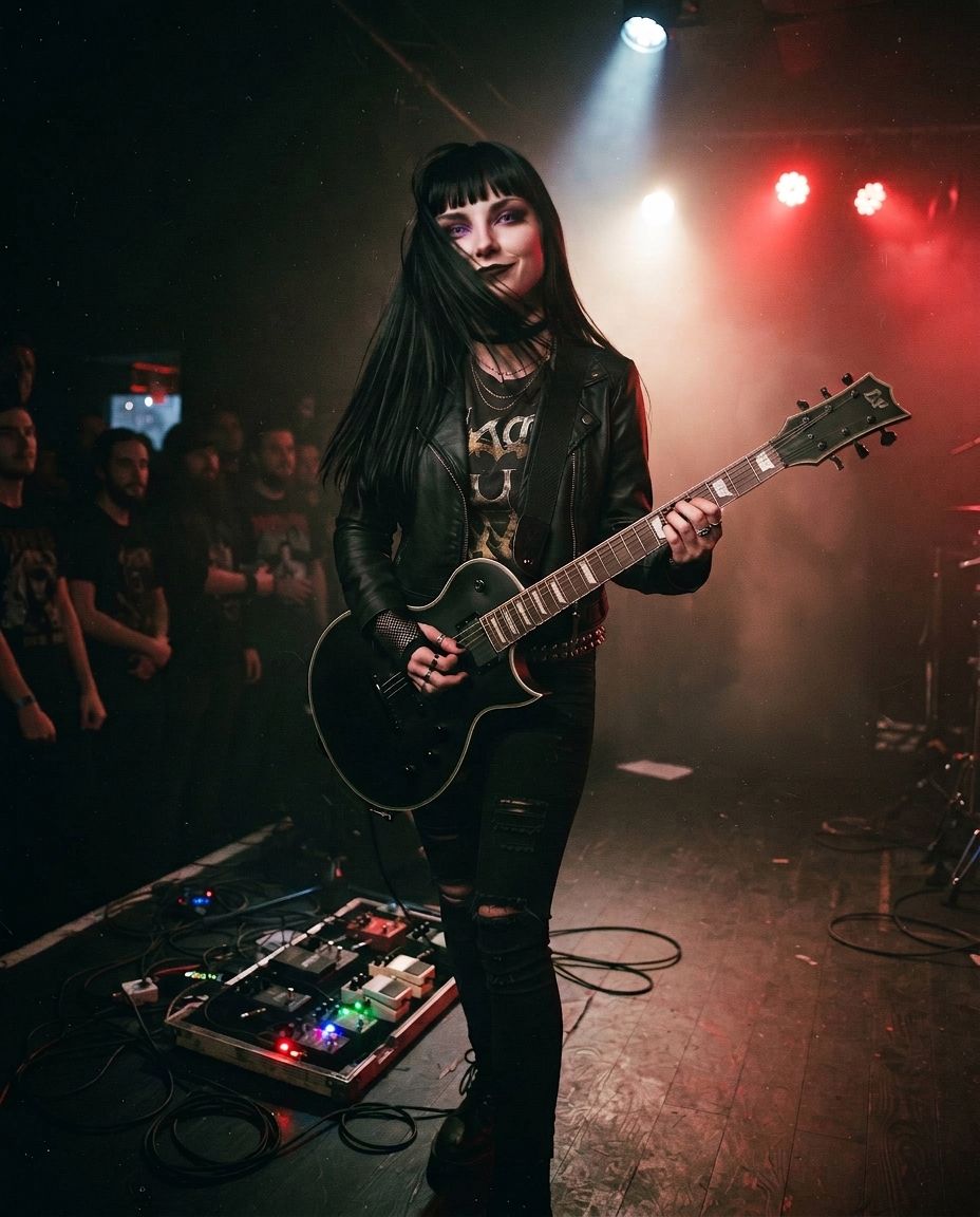 Cllaudia, de cabelo preto longo com franja e olhos violeta, toca guitarra num palco enfumaçado, com a pedaleira acesa aos pés e o público ao lado.