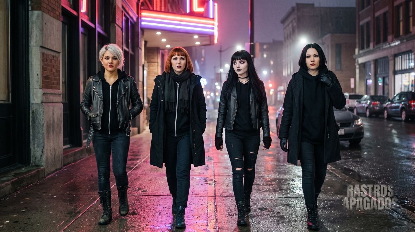 Thaiga, Felícia, Cllaudia e Kira caminhando à noite por uma rua molhada, com luzes de neon ao fundo